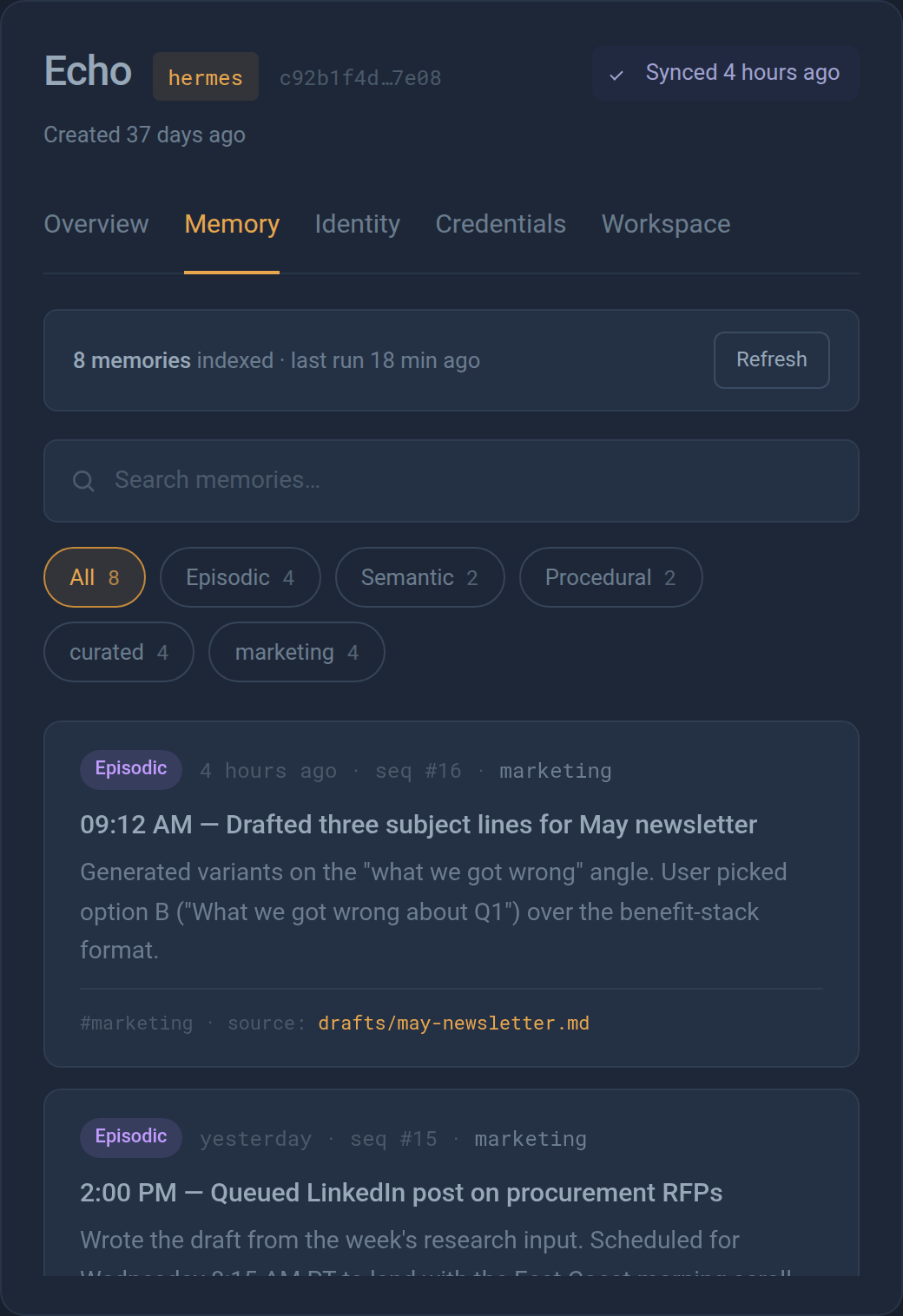 Screenshot of the Agent Life memory viewer: an agent's memories with a search bar, filter chips for Episodic / Semantic / Procedural and tags, and cards showing each memory's text, type, timestamp and source file.